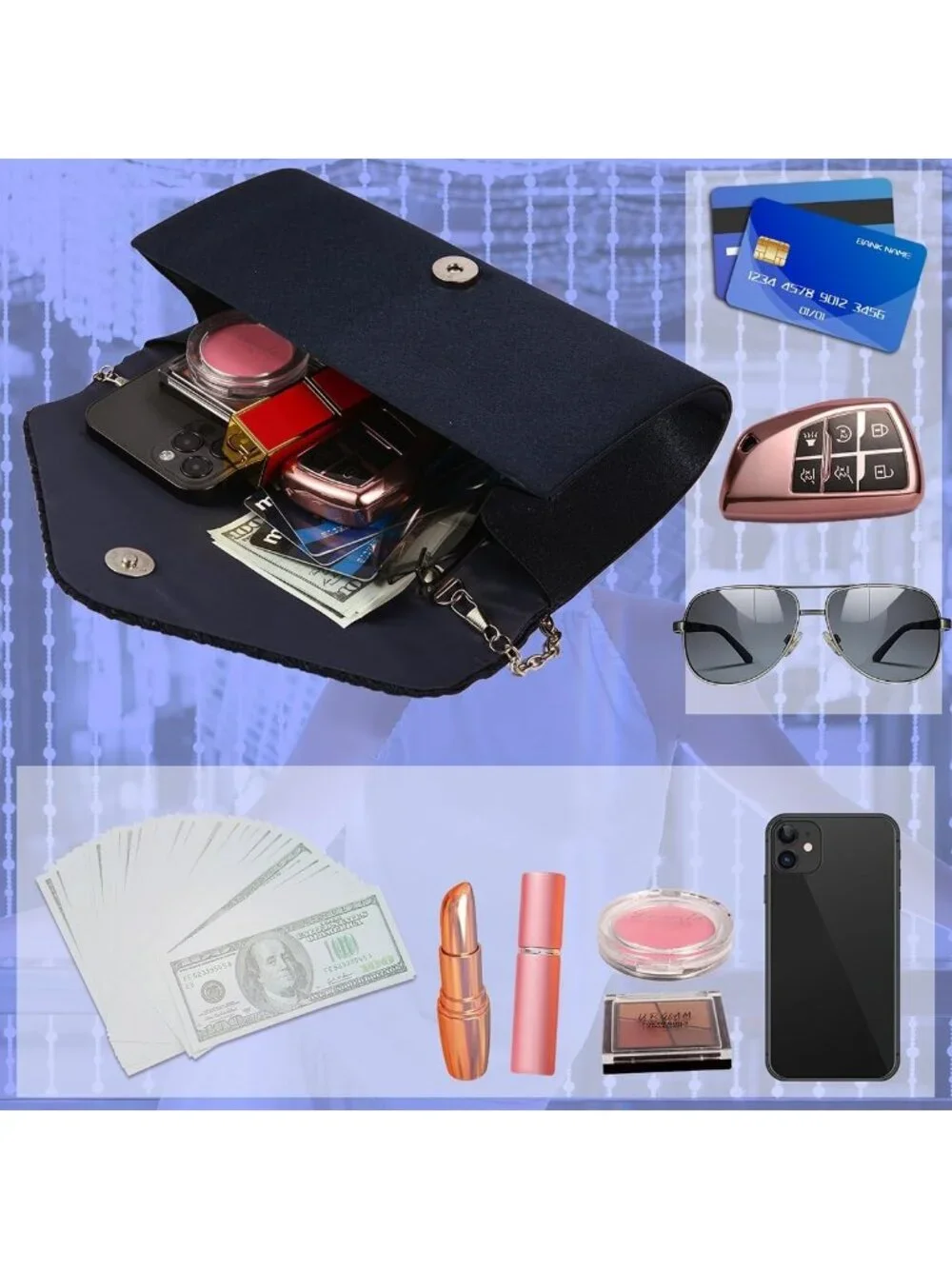 Women's Navy Rhinestone Clutch Purse For Evening Bag Wedding Handbags